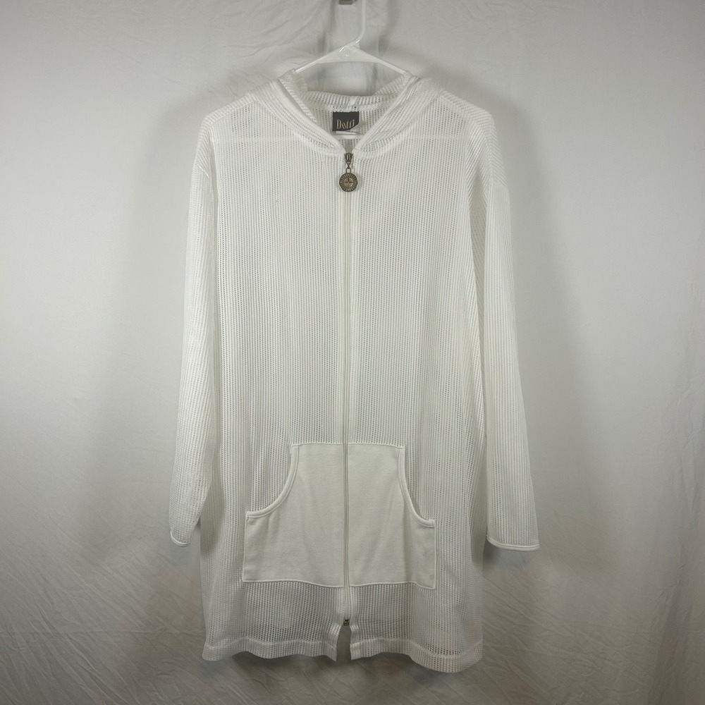Dotti White Mesh Hooded Swim Cover Up Zip Front Compass Charm Large 1721